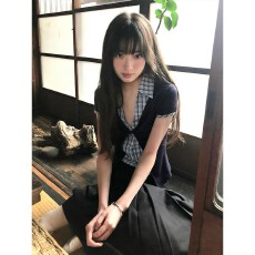批发学院风假两件短袖<b class='q'>衬衫</b>女夏季撞色拼接格子正肩<b class='q'>衬衣</b><b class='q'>修身</b>显瘦上衣潮
