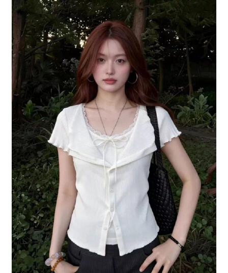 순수한 욕망 V넥 레이스업 긍정적 인 어깨 반팔 티셔츠 여성 여름 프릴 페이크 레이어드 허리 수축 슬림해 보이는 맨위