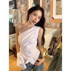 夏季独特漂亮掐腰无袖斜肩露肩设计感上衣女