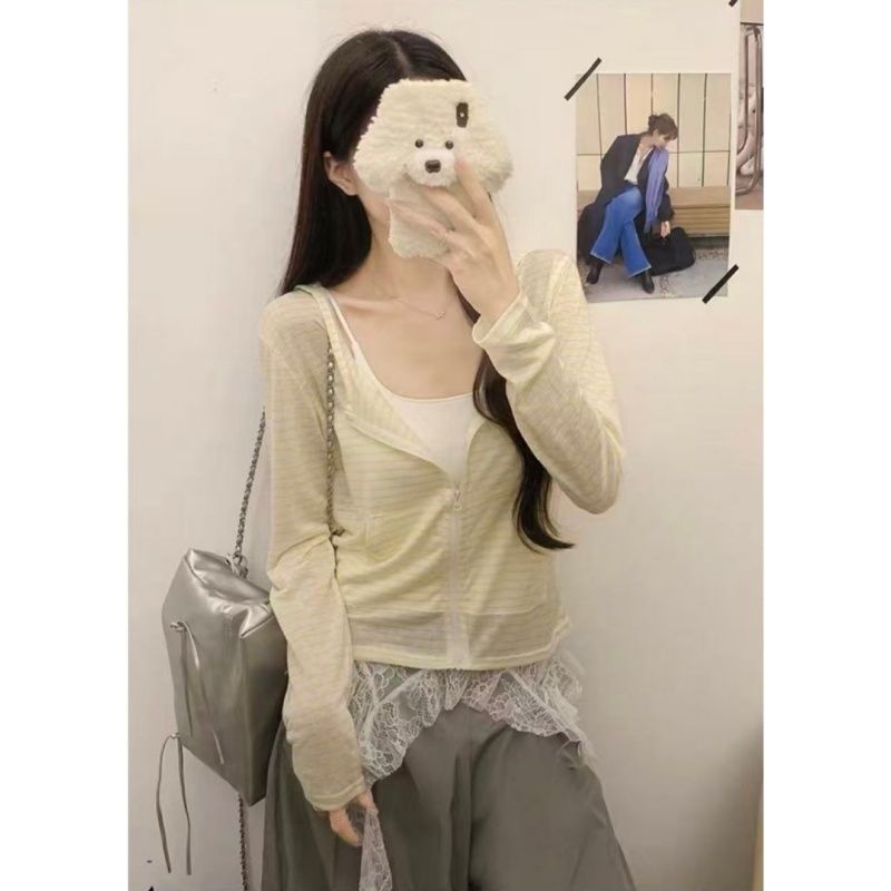 순면 눈꽃 면 스트라이프 패치워크 긴팔 오픈 가디건 여성 여름 슬림해 보이는 맨위 후드 자외선 차단 재킷