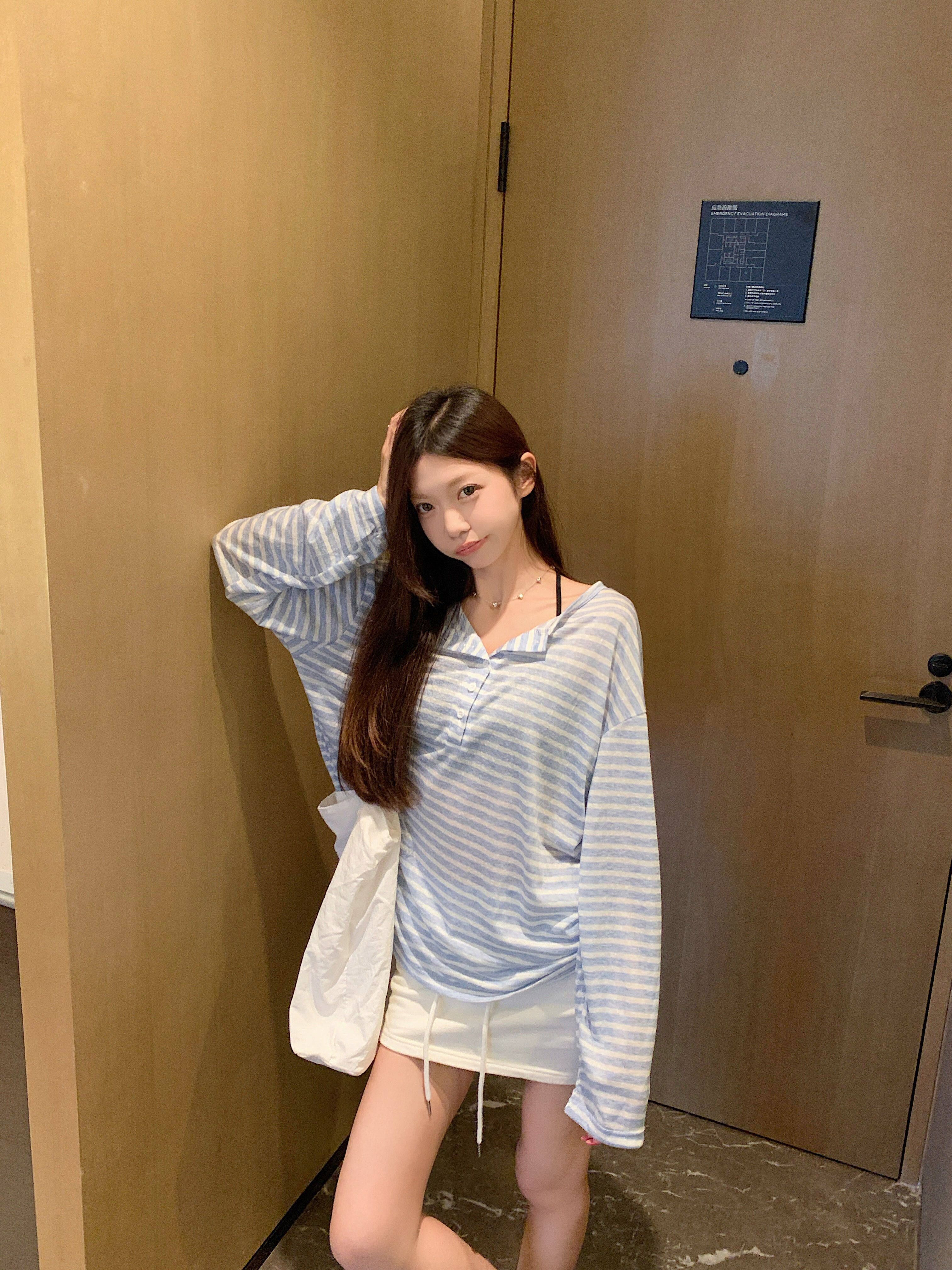 모방 면 눈꽃 면 스트라이프 긴팔 티셔츠 여성 여름 새로운 루즈핏 슬림해 보이는 캐주얼 자외선 차단 블라우스