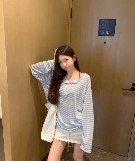 모방 면 눈꽃 면 스트라이프 긴팔 티셔츠 여성 여름 새로운 루즈핏 슬림해 보이는 캐주얼 자외선 차단 블라우스