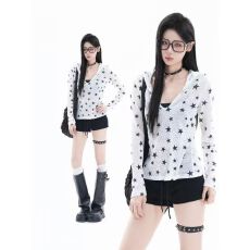 批发甜美风v领连帽星星满印长袖T恤女夏季款修身显瘦防晒罩衫打底上衣