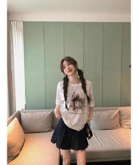 라이 경기 서울 눈꽃 레이스 나비 매듭 리본 트로이 목마 프린트 t 얇은 스타일 슬림해 보이는 라운드 넥 가을 어깨 반팔 맨위 여성