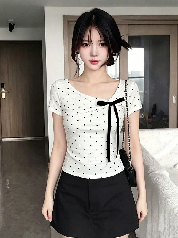 면 표지 실크 순수한 욕망 바람 디자인 도트 무늬 프린트 반팔 티셔츠 여성 여름 새로운 루즈핏 슬림해 보이는 맨위