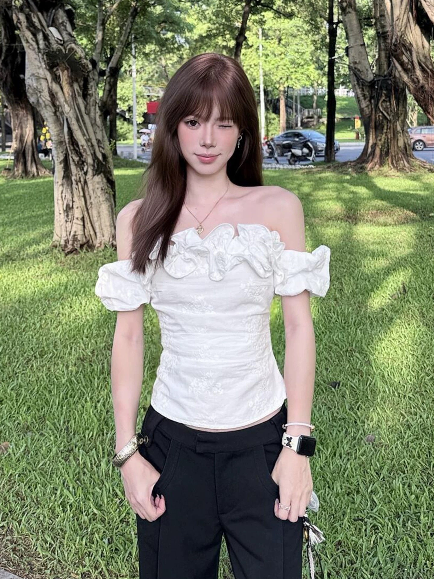 순면 달콤한 매운맛 바람 볼륨 측면 자카드 오프숄더 티셔츠 여성 디자인 센스 허리 수축 오프숄더 반팔 여름 맨위