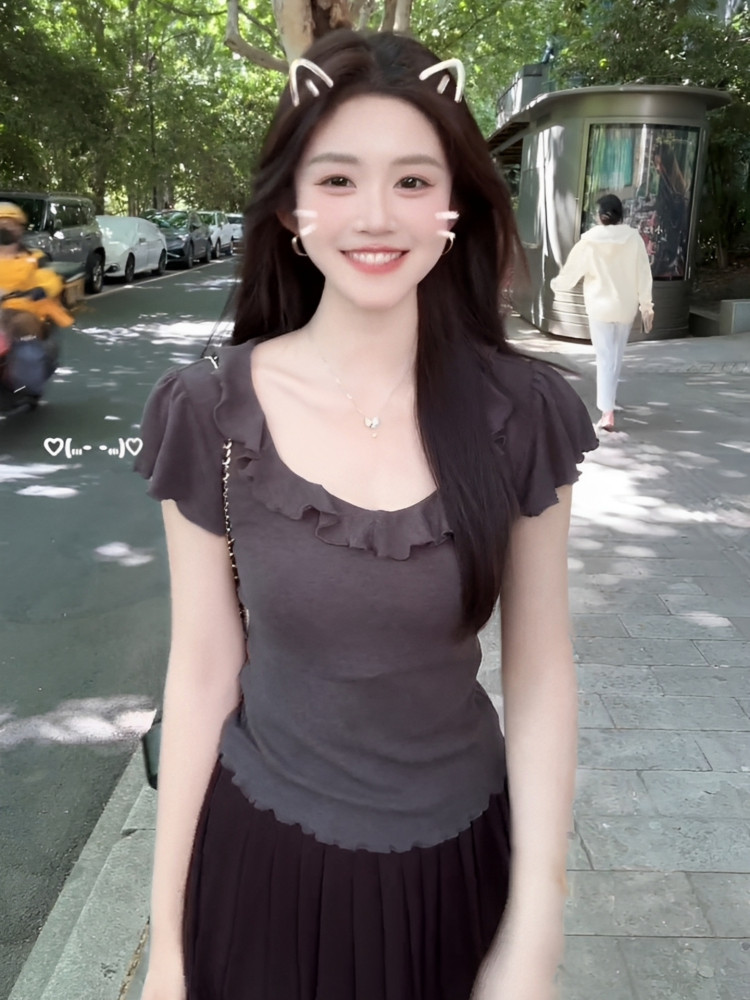 사람들 면 리브 반팔 티셔츠 여성 여름 새로운 슬림해 보이는 패션 연령 감소 아름다운 디자인 맨위 트렌디