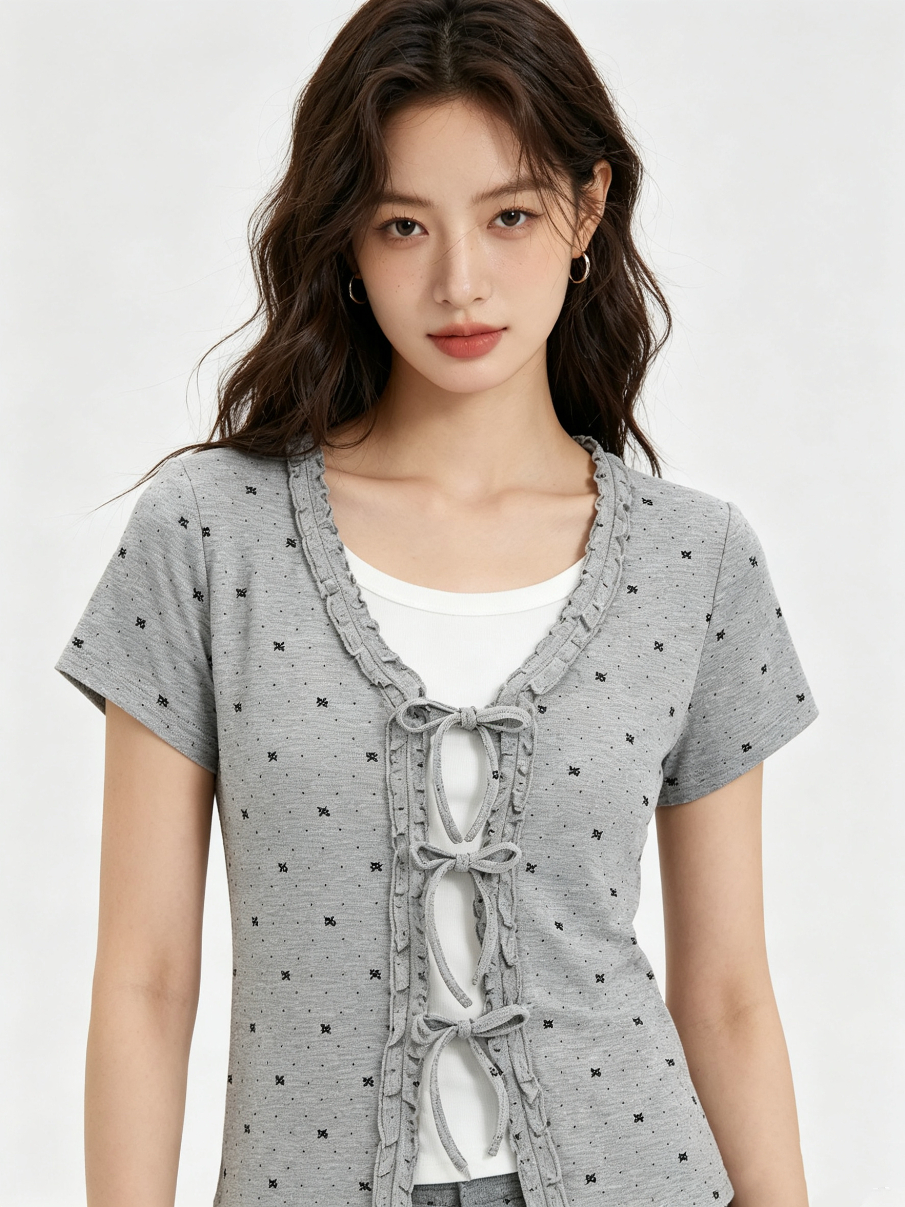 프린트 도트 무늬 디자인 센스 프릴 페이크 레이어드 반팔 니트 스웨터 여성 한 부서 쇼트 스타일 고유 한 아름다운 작은 맨위