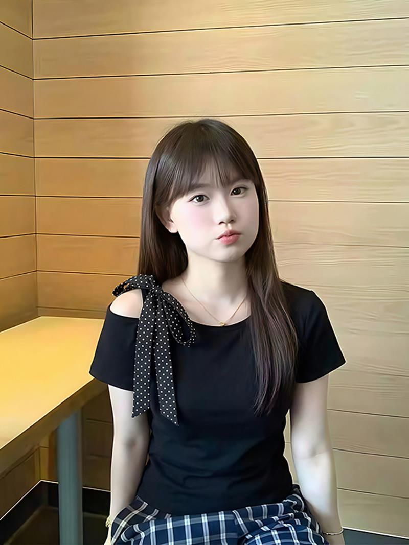 210 그램 40 면 한 부서 패션 나비 매듭 비스듬한 칼라 반팔 티셔츠 여성 여름 슬림해 보이는 허리 수축 오프숄더 맨위