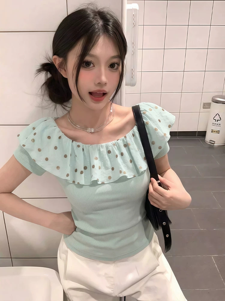 사람들 면 260 그램 도트 무늬 오프숄더 반팔 티셔츠 여성 여름 달콤함 쇼트 스타일 맨위 디자인 센스 프랑스식 작은 대중