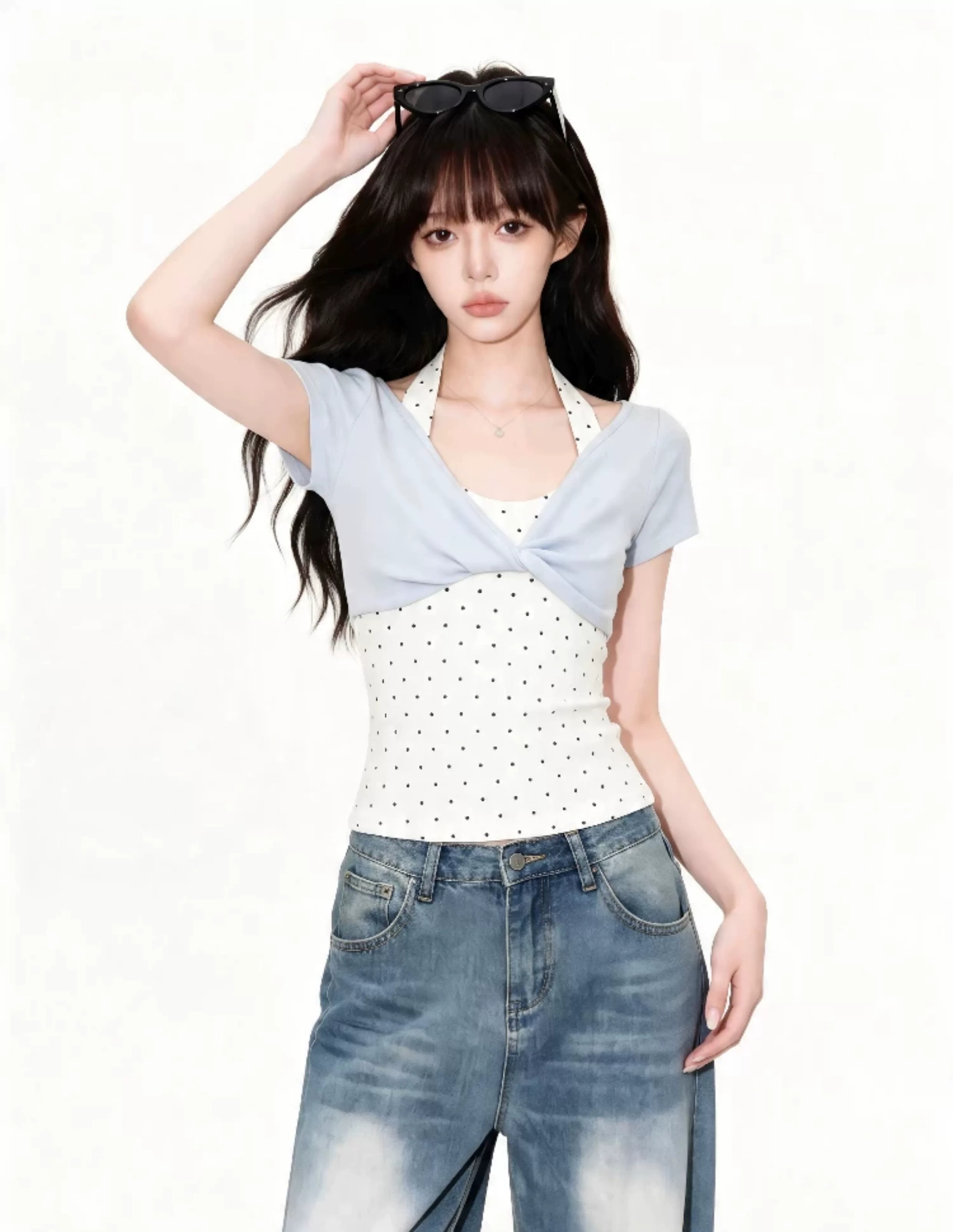 40 순면 한 부서 행침 목 페이크 레이어드 도트 무늬 티셔츠 여성 여름 섹션 달콤한 핫걸 Chic 비틀림 디스플레이 얇고 작은 맨위