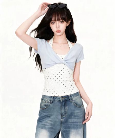 40 순면 한 부서 행침 목 페이크 레이어드 도트 무늬 티셔츠 여성 여름 섹션 달콤한 핫걸 Chic 비틀림 디스플레이 얇고 작은 맨위