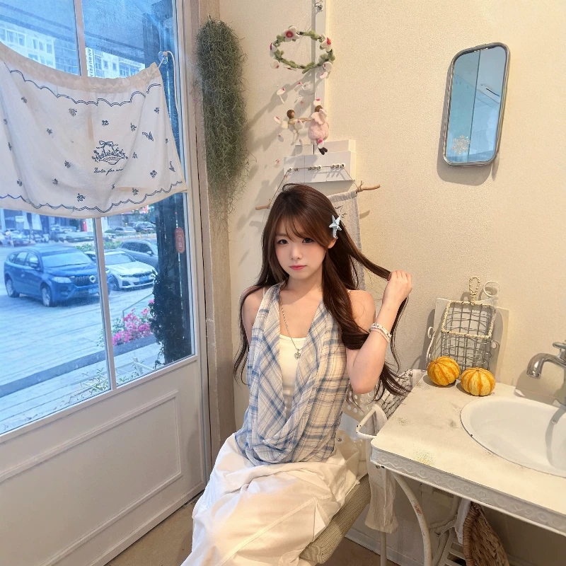 40 순면 폴리 에스터 암모니아 인터넷 고급 센스 페이크 레이어드 체크무늬 캐미솔 여름 몸매 가꾸기 슬림해 보이는 민소매 맨위