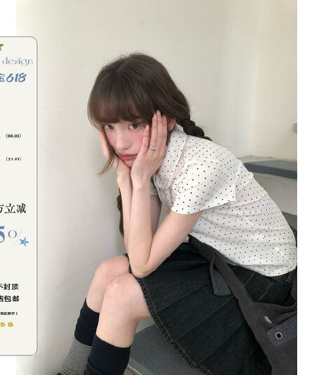 rainy 한 부서 달콤한 미적 감각 베이비 칼라 티셔츠 여름 여성 POLO 칼라 도트 무늬 별 버클 연령 감소 반팔 맨위