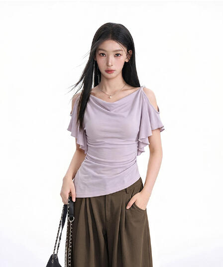 둘 착용 프랑스식 흔들다 칼라 부드러운 미적 감각 오프숄더 프릴 티셔츠 여성 여름 불규칙 밑단 대 가을 어깨 의류 트렌디