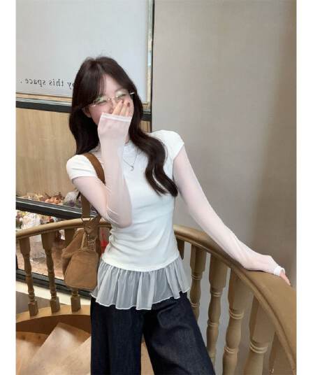 40 1 1 순면 2026 새로운 한 부서 망사 패치워크 페이크 레이어드 몸매 가꾸기 슬림해 보이는 긴팔 티셔츠 여성