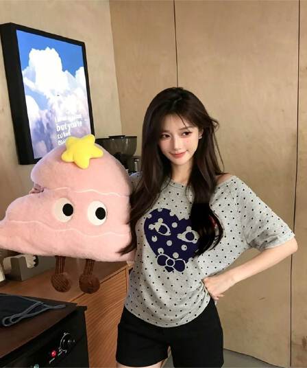 여름 새로운 한 부서 도트 무늬 비스듬한 칼라 오프숄더 프린트 섹션 반팔 티셔츠 여성