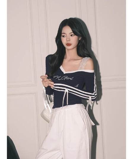 높음 폭탄 컬러 코튼 리브 아메리칸 블루 Chic 레이스 페이크 레이어드