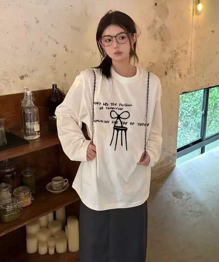 높은 품질 순면 200그램 21 빗질하다 정밀 프린트 가을 루즈핏 긴팔 티셔츠 여성