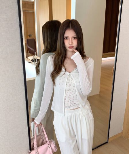 작은 대중 꽃무늬 슬립 긴팔 오픈 가디건 여름 착용 가져 가라. Tulle 편안함 슬림해 보이는 꽃무늬 캐미솔 맨위 세트