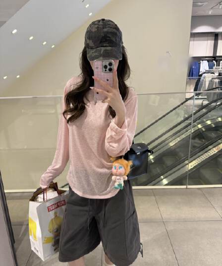 라이 경기 서울 실크 미끄러짐 눈꽃 면 얇은 스타일 마이크로 ~을 통해 자외선 차단 블라우스 여성 긴 소매 루즈핏 라운드 넥 단색 맨위