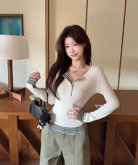디자인 센스 핫걸 스트라이프 패치워크 티셔츠 여성 의류 가을 패치워크 반 개방 칼라