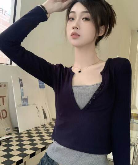 긴팔 티셔츠 페이크 레이어드 기본 셔츠 라운드 넥 맨위 한국 스타일 여성 의류