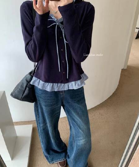 가을 겨울 새로운 레이스업 V넥 한 부서 체크무늬 프릴 페이크 레이어드 패치워크 긴팔 티셔츠 맨위
