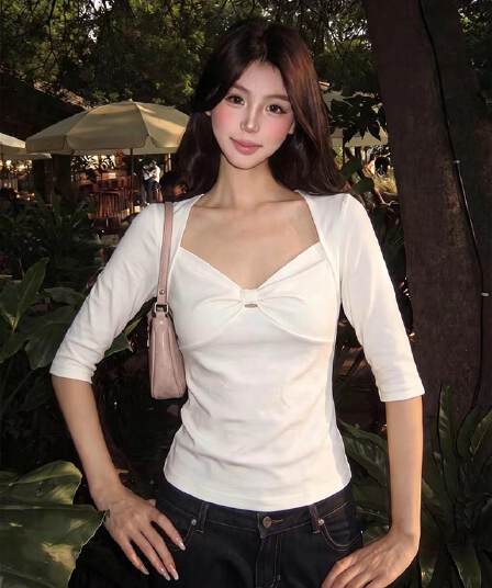 순수한 욕망 바람 페이크 레이어드 광장 칼라 나비 매듭 중간 소매 맨위