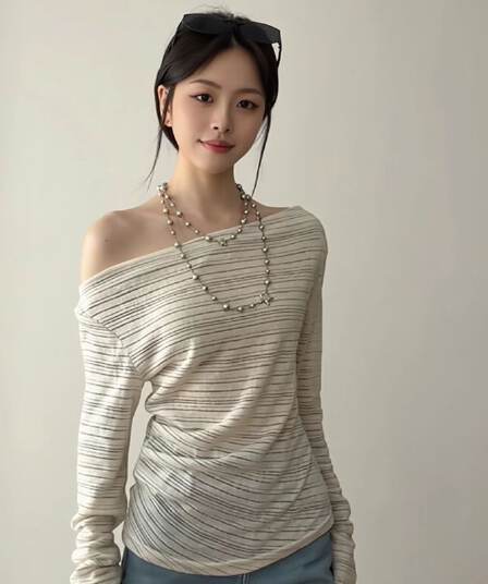 불규칙 스트라이프 비스듬한 어깨 긴팔 티셔츠 여성 여름 순수한 욕망 핫걸 오프숄더 맨위 얇은 스타일 태양 보호 셔츠 블라우스