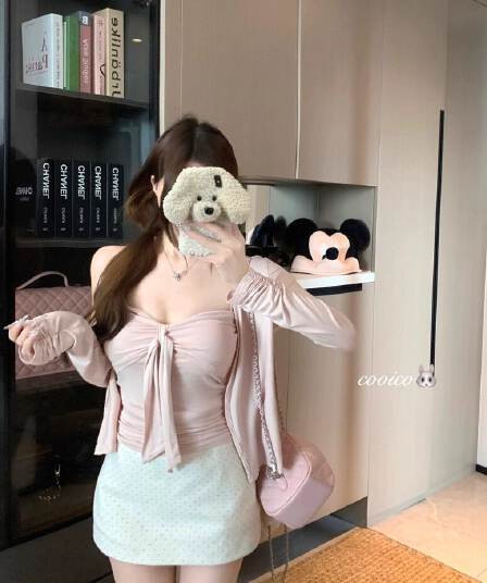 순수한 욕망 바람 세트 핑크색 얇은 스타일 오픈 가디건 쇼트 스타일 재킷 여성 의류 인사이드 가져 가라. 스트랩 튜브탑 투피스 조끼