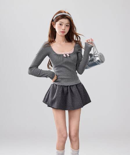 De 플러시 Chic 배색 긴팔 티셔츠 다용도 나비 매듭 몸매 가꾸기 슬림해 보이는 De 플러시 보온 인사이드 가져 가라. 기본 셔츠 맨위