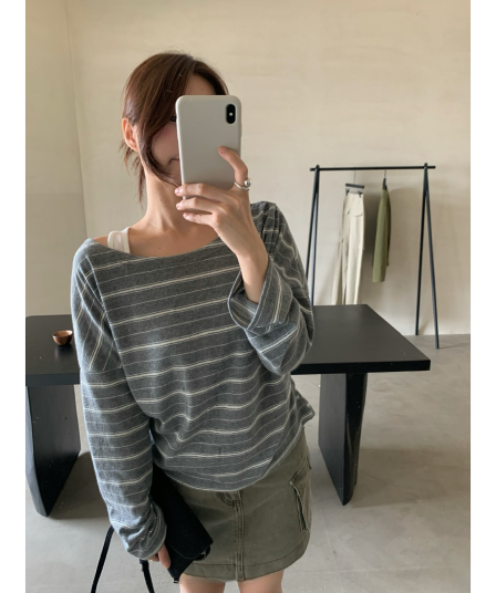 한 부서 이른 가을 스트라이프 긴팔 티셔츠 여성 페이크 레이어드 루즈핏 다용도 슬림해 보이는 캐주얼 맨위