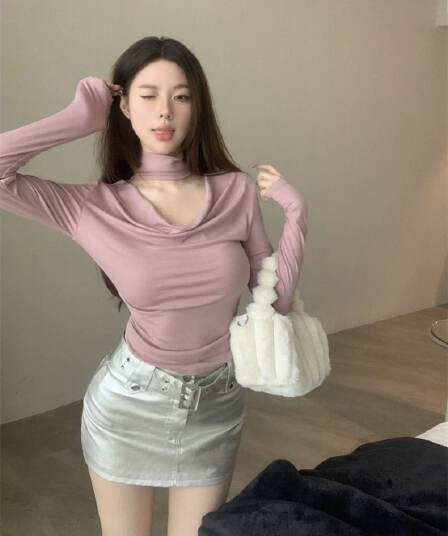 홀로우 아웃 행침 목 흔들다 칼라 긴팔 티셔츠 여성 몸매 가꾸기 인사이드 가져 가라. 기본 셔츠 맨위