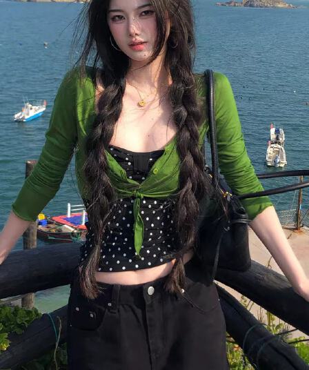 얇고 가벼운 긴팔 V넥 단추 디스플레이 화이트 레이스업 오픈 가디건 초록 초록 맨위 블라우스 여성 인사이드 가져 가라. 도트 무늬 투피스 조끼