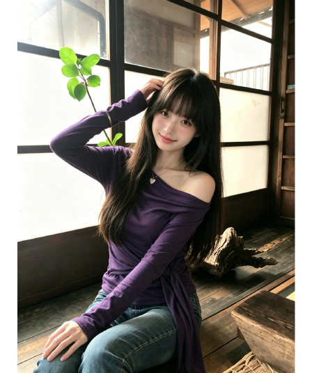 한국 스타일 품격 불규칙 비스듬한 어깨 길다 소매 위버