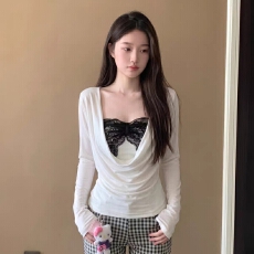 批发蕾丝+拼接抹胸背心+荡领褶皱罩衫真两件上衣