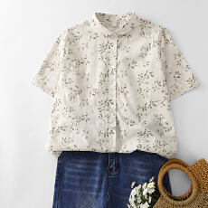 批发实拍新款印花元宝领<b class='q'>衬衫</b>夏季宽松文艺翻领<b class='q'>衬衣</b>女士上衣