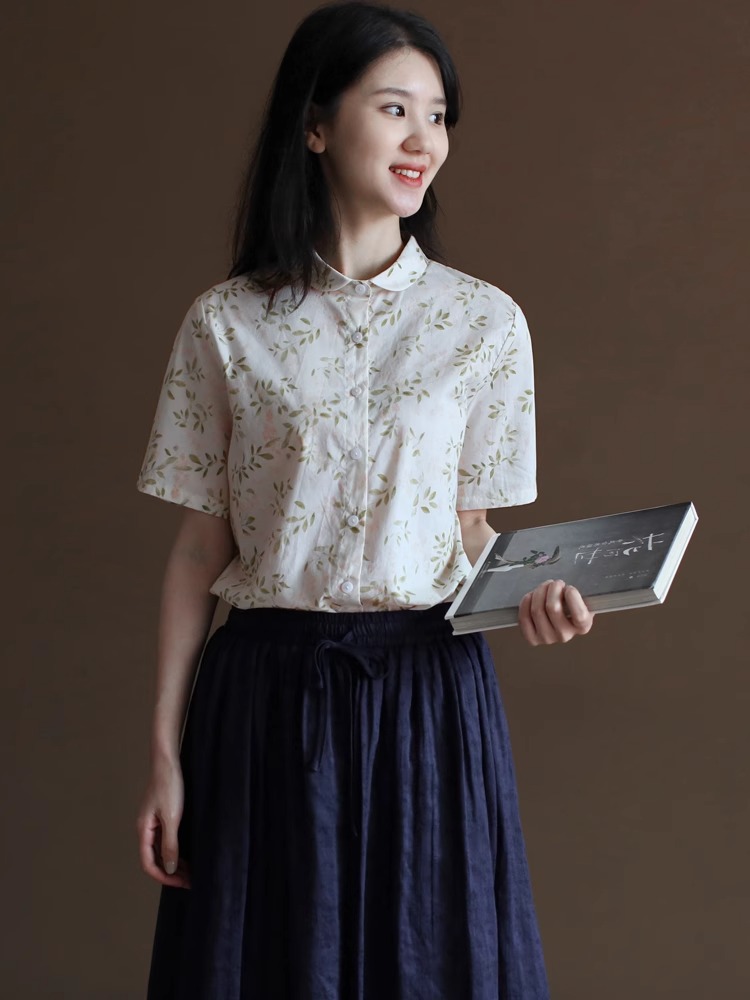 프린트 원 바오 칼라 셔츠 여름 루즈핏 문예 폴로 칼라 셔츠 여성 맨위