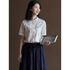 批发印花元宝领<b class='q'>衬衫</b>夏季宽松文艺翻领<b class='q'>衬衣</b>女士上衣