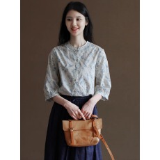 批发复古纯棉印花<b class='q'>衬衫</b>夏季森系文艺中式立领<b class='q'>衬衣</b>女夏装上衣
