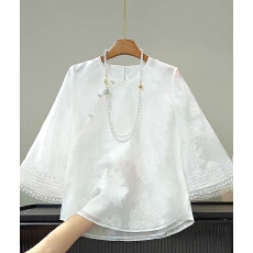 批发新中式国风白色衬衫女夏季新款改良圆领五分<b class='q'>袖</b>提花超好看<b class='q'>上衣</b>