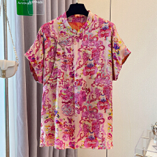 批发提花新中式<b class='q'>衬衫</b>短袖T恤女2026夏新款复古<b class='q'>印花</b>立领上衣