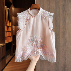 批发改良玉石盘扣真丝<b class='q'>欧根纱</b>新中式马甲背心女重工刺绣桑蚕丝国风上衣