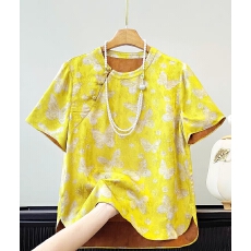 批发改良盘扣新中式<b class='q'>衬衫</b>女<b class='q'>夏季</b>新款短袖<b class='q'>T</b><b class='q'>恤</b>休闲圆领复古提花国风上衣