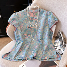 新中式国风高级感重工宋锦提花高端盘扣洋气花苞短袖衬衫上衣女