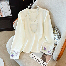 批发新中式人丝提花女士<b class='q'>衬衫</b><b class='q'>长袖</b>春新款改良斜襟盘扣国风百搭内搭上衣