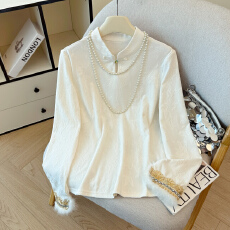 批发新中式国风加绒白色打底衫上衣女秋冬加厚内搭外穿水貂毛刺绣<b class='q'>T</b><b class='q'>恤</b>