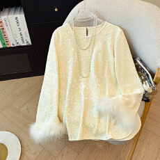 批发高级感新中式白色丝绒打底衫<b class='q'>秋</b>冬圆领国风加绒真鸵鸟毛上衣厚内搭