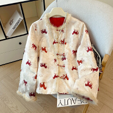 批发红色人丝提花新中式加厚棉服女冬季棉袄轻国风圆领夹棉外套